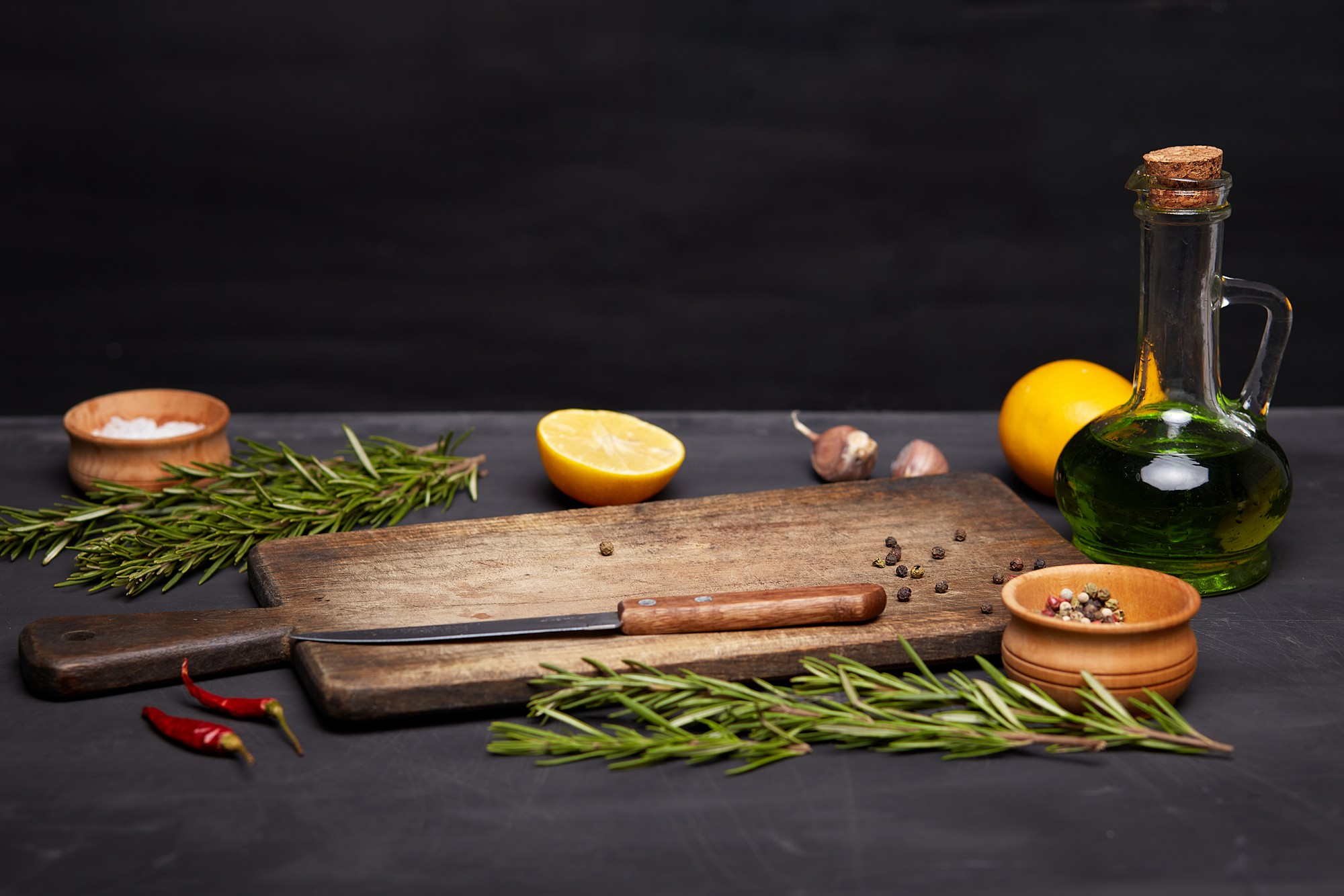 Minimal set of quality ingredients on wooden board